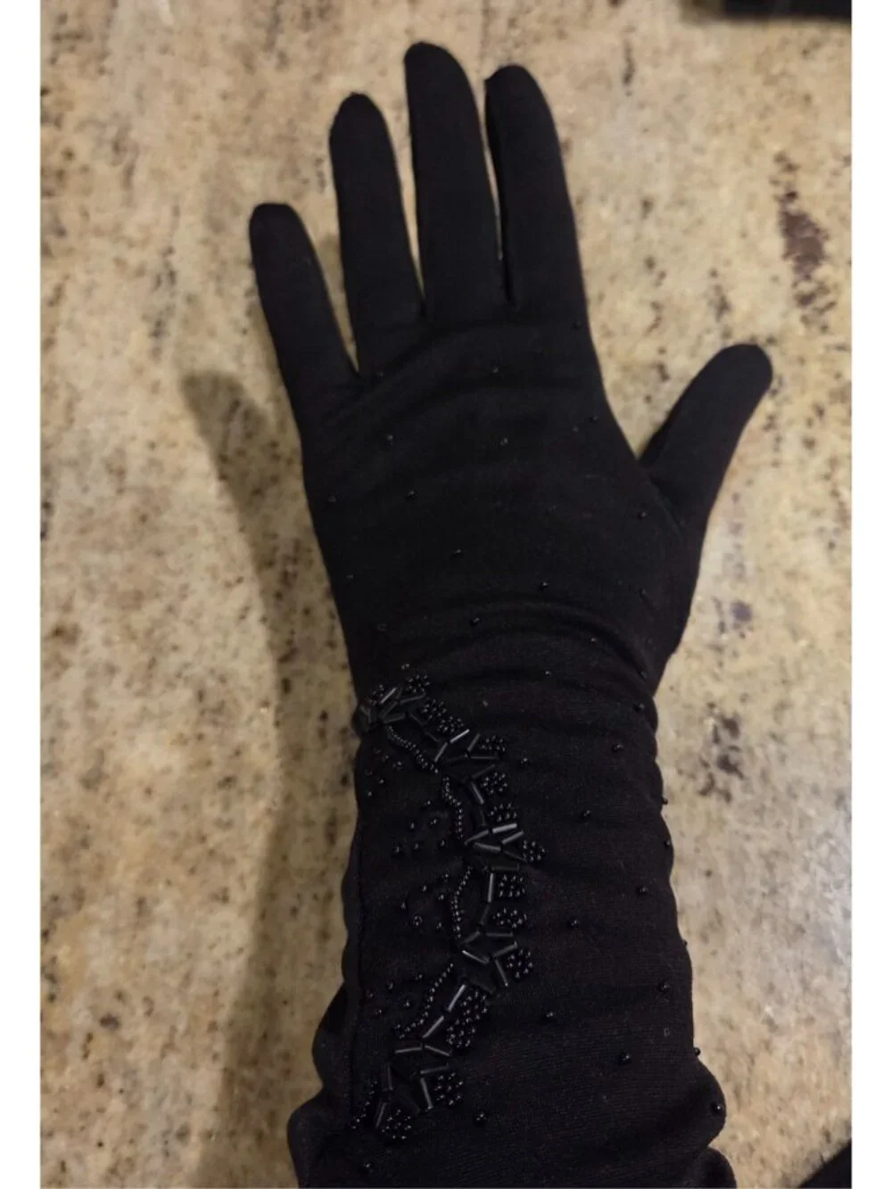 Vintage Womens One Size Stretch Nylon Black Formal Gloves Beaded 15